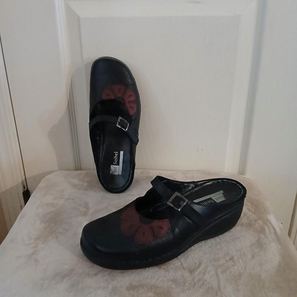 Y2K Vintage Josef Seibel Black Leather Burgundy Flower Mary Jane Clogs 39 Boho